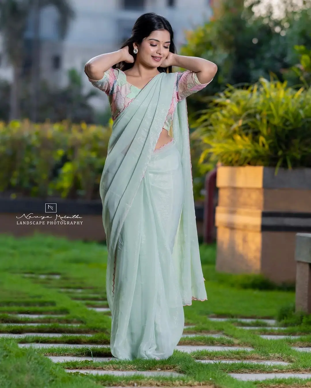 ETV Actress Priyanka Jain Wearing Light Green Saree Blouse